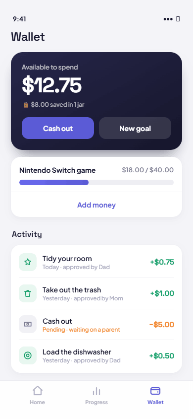 Kid wallet screen with balance and savings jars